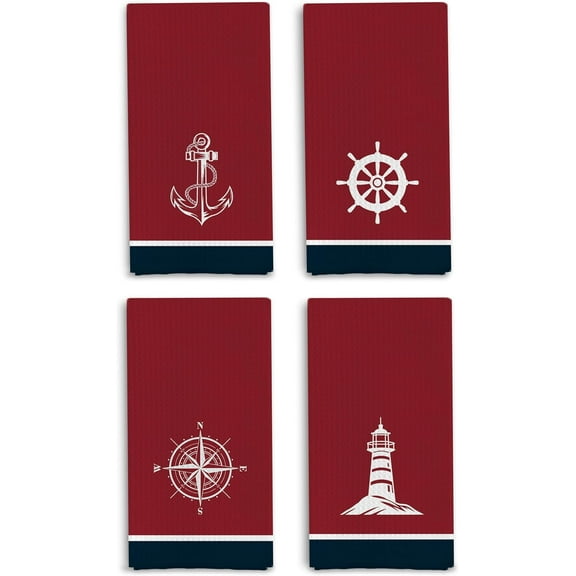 Nautical Boat Kitchen Dish Towels - Nautical Hand Towels, Gifts for Boat Owner, Coastal Kitchen Chenille Towels 18 X 26 Inches, Set of 4(Red)