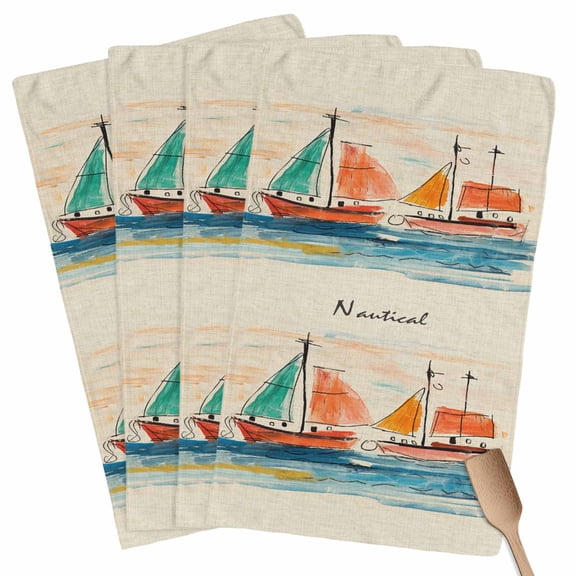 Nautical Boat, Kitchen Towel Dish Cloths Set of 4, Microfiber Soft Kitchen Hand Towels, Coastal Sailing Ship Ocean Painted Sea Absorbent Quick Drying Dishcloths 18 x 28 Inches