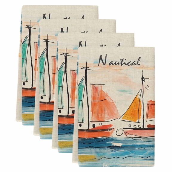 Nautical Boat Kitchen Towels Set of 4, Absorbent Microfiber Dish Tea Towels with Hanging Loop, Coastal Sailing Ship Ocean Painted Sea Resuable Hand Towel for Home Kitchen Cooking Cleaning 18"x28"