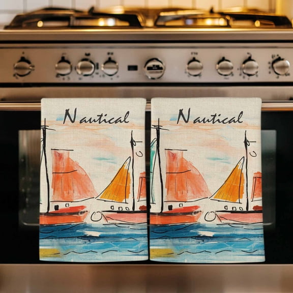 Nautical Boat, Kitchen Towels Set of 4, Coastal Sailing Ship Ocean Painted Sea Absorbent Dish Towels for Kitchen, Microfiber Hand Towel, Quick Drying Tea Towel for Cleaning Decorative Dishcloths