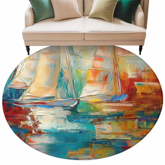 Nautical Boat Large Area Rugs for Bedroom Living Room, Soft Non Slip Carpet Bedside Rug, Colorful Abstract Grunge Art Painting Round Floor Cover Kitchen Accent Rug 6' for Dining Room/Office