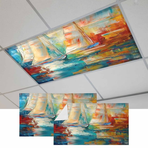 Nautical Boat Magnetic Fluorescent Light Covers for Ceiling Lights 2x4Ft, Colorful Abstract Grunge Art Painting Office Classroom Kitchen Drop Ceiling Light Covers Lighting Filters Shade Panel 2 Packs
