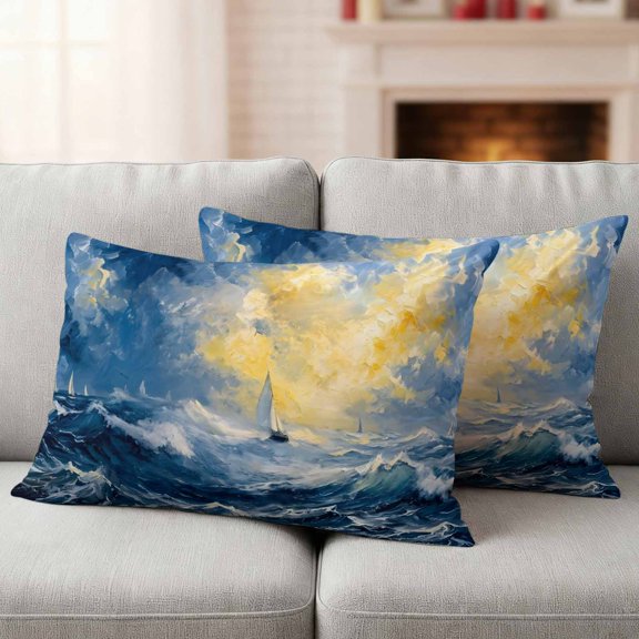 Nautical Boat Outdoor Waterproof Throw Pillow Covers 20x12 Set of 2, Coastal Sun Ocean Waves Oil Painting Decorative Pillowcases Cushion Pillowcase for Couch Sofa Patio Outside Pillow Protector