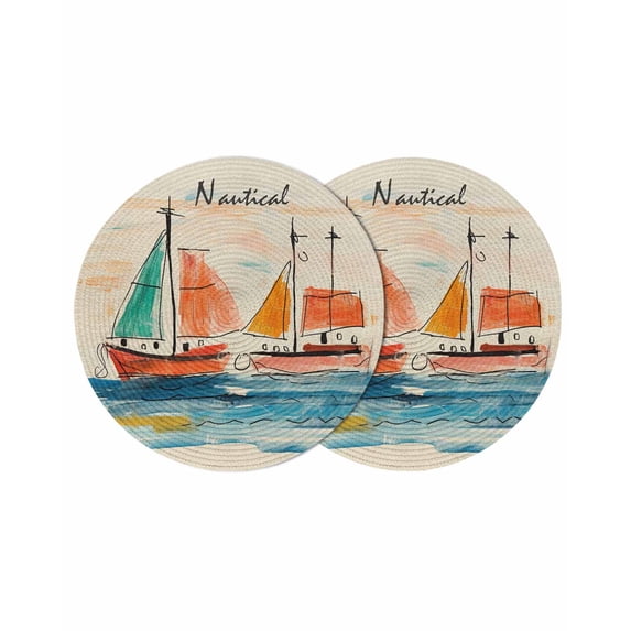 Nautical Boat Round 13 Inch Placemats Set of 2, Coastal Sailing Ship Ocean Painted Sea HeatResistant Non Slip Place Mats for Dining Table, Wipeable Braided Kitchen Table Mats for Housewarming