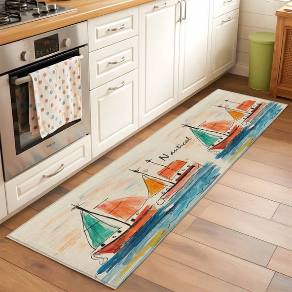 Nautical Boat, Runner Rug 2x6 FT, Non Slip Hallway Carpet, Coastal Sailing Ship Ocean Painted Sea Washable Soft Floor Carpet Throw Runner Carpet Long Rug for Entryway Kitchen Bedside Sliding Door