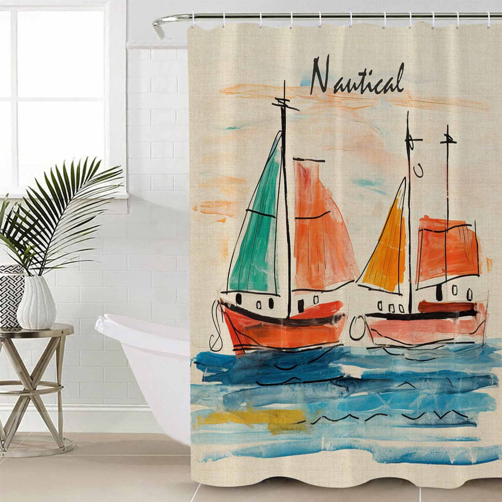 Nautical Boat, Standard Shower Curtain Set, Waterproof Shower Curtains for Bathroom, Coastal Sailing Ship Ocean Painted Sea Washable Fabric Cloth Bath Curtain for Bathtub with Hooks 72x72 Inches
