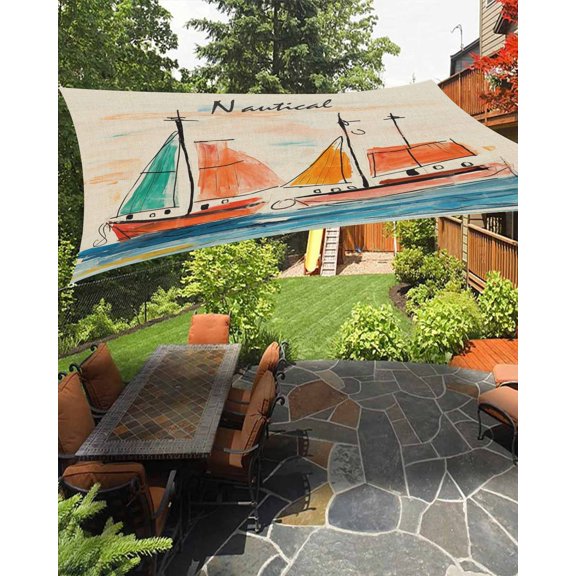 Nautical Boat,Sun Sail Shades Rectangle Canopy,Sunlight Block Heavy Duty Curved Backyard Shade Cover,Coastal Sailing Ship Ocean Painted Sea Waterproof Sun Shades for Patios Garden Pergola 6.5'x10'