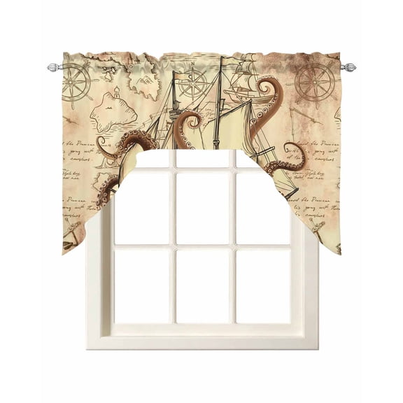 Nautical Boat Swag Valances for Windows 56 x 36 Retro Octopus Sailing Sailing Brown Rod Pocket Light Filtering Window Topper for Kitchen Bathroom Bedroom Living Room