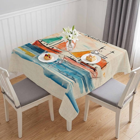 Nautical Boat, Table Cloth Waterproof Tablecloths, Coastal Sailing Ship Ocean Painted Sea Tablecloth Dining Table Cover for Kitchen Party Tabletop Outdoor, Square Tablecloth 54x54 Inch