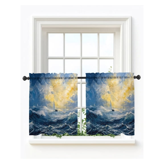 Nautical Boat Tier Curtains 24 Inch Length,Sheer Curtains for Bedroom Living Room Window Coastal Sun Ocean Waves Oil Painting Rod Pocket Drapes Kitchen Curtains Small Half Window 27.5"x24" 2 Panels