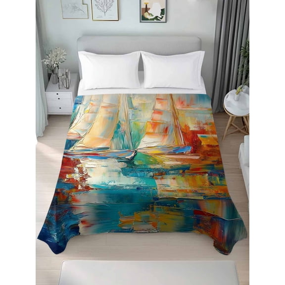 Nautical Boat Twim Size Flat Sheet, Wrinkleproof & Fadeproof Cooling Flat Bed Sheet Only, Colorful Abstract Grunge Art Painting Breathable Soft Bedding Top Sheets 66 x 96 Inches