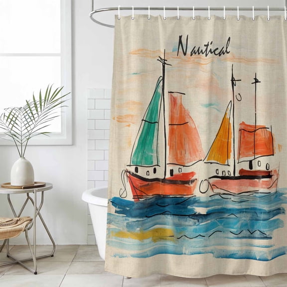 Nautical Boat,Waterproof Fabric Shower Curtain,Coastal Sailing Ship Ocean Painted Sea Waterproof Fabric Shower Curtain for Bathroom Curtains Bathtubs Hotel Shower Curtains with 12 Hooks Small 36x78in