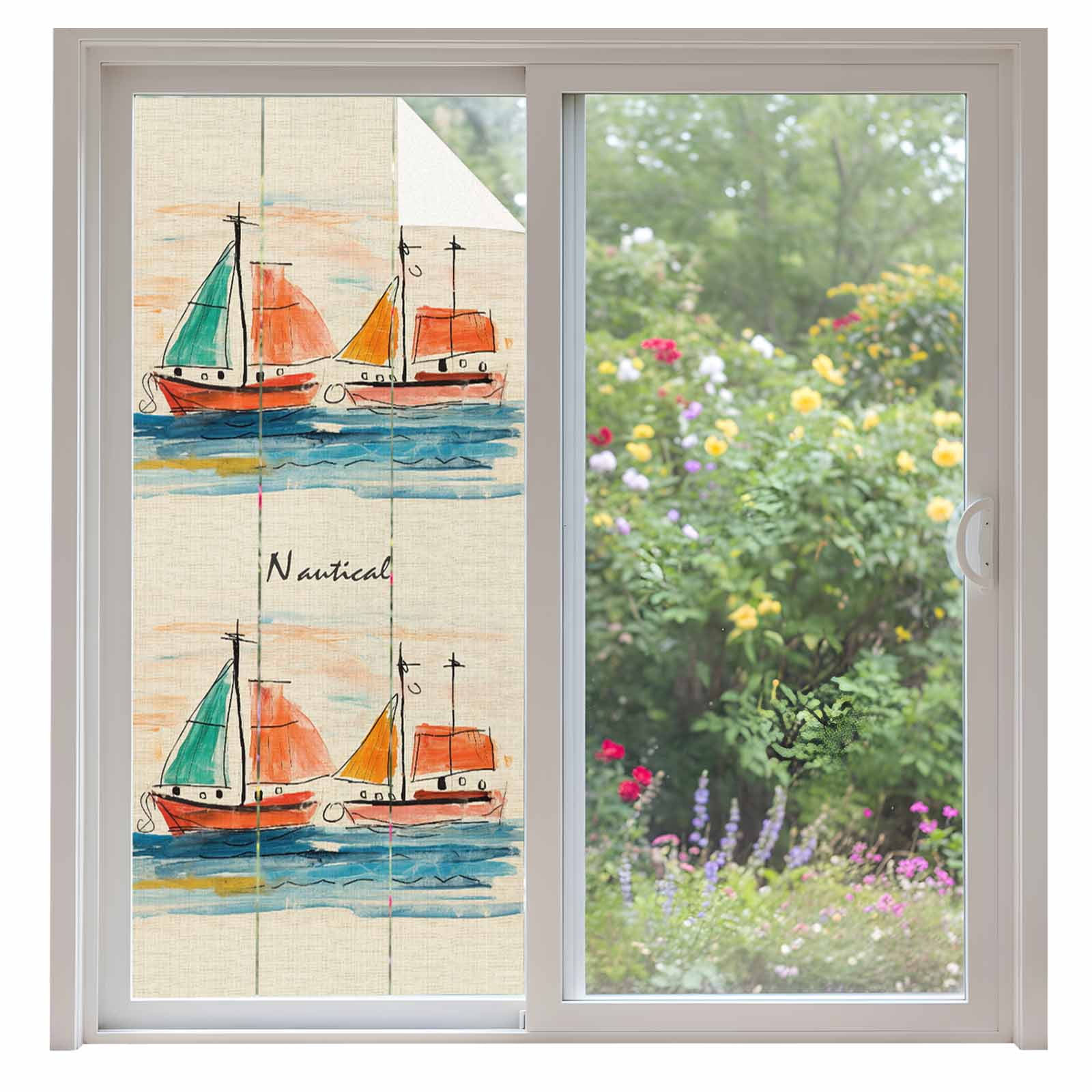Nautical Boat, Window Privacy Film, Coastal Sailing Ship Ocean Painted Sea Static Cling UV Sun Blocking Heat Control Window Tint, Non-Adhesive One Way Windows Privacy Cover 35.4''x78.7''