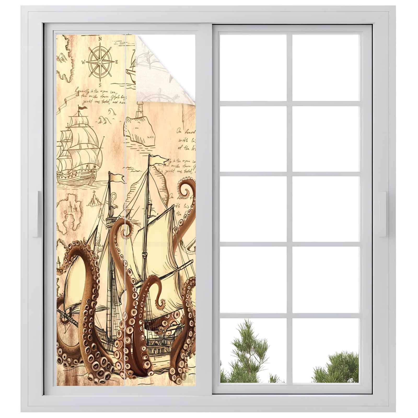 Nautical Boat Window Privacy Film, Retro Octopus Sailing Sailing Brown Frosted Glass Window Clings Static Cling UV Heat Blocking Reusable Door Sticker for Bathroom 23.6 x 59 Inch