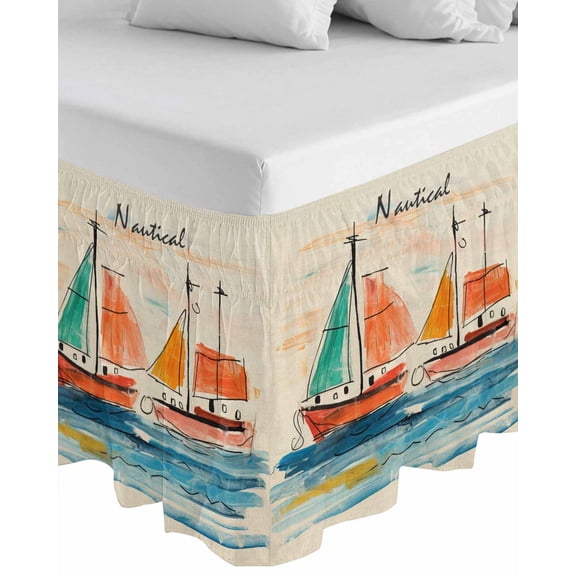 Nautical Boat,Wrap Around Bed Skirts for California King Bed 18" Drop,Bed Skirt with Adjustable Elastic Belt Dust Ruffle Bed Valance for Bedroom Coastal Sailing Ship Ocean Painted Sea Bed Frame Cover
