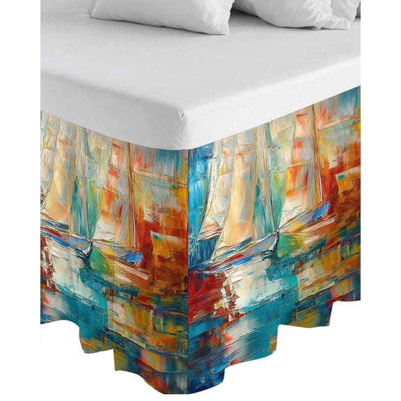 Nautical Boat Wrap Around Bed Skirts for Queen Bed 16" Drop,Bed Skirt with Adjustable Elastic Belt Dust Ruffle Bed Valance for Bedroom Hotel Colorful Abstract Grunge Art Painting Bed Frame Cover