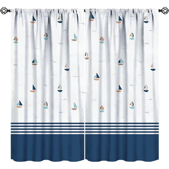Nautical Boats Curtains, Summer Coastal Navy Blue White Block Stripes Geometric Ocean Sailboats Rod Pocket Window Drapes for Kitchen Bedroom Livingroom, 72" W X 63" L