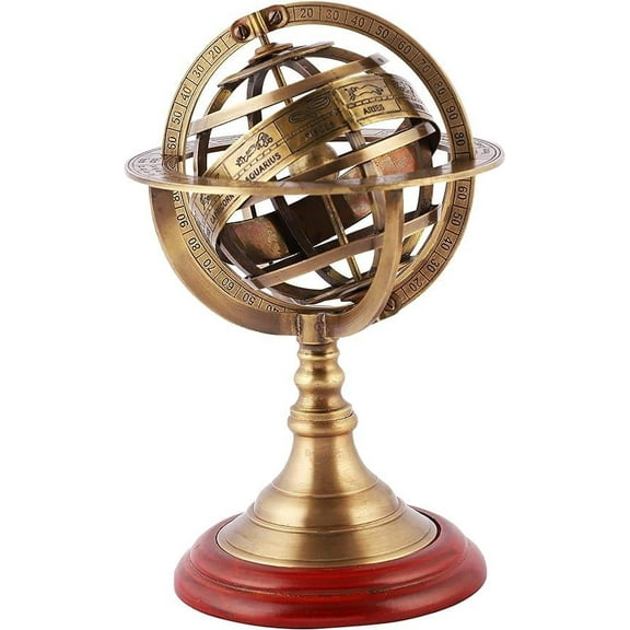 Nautical Brass Armillary Antique Vintage Zodiac Sphere Globe Wooden Display | Pirate's Antique Ship Dcor (8 Inch)