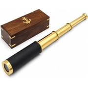 Nautical Brass/Leather Spyglass Telescope with Rosewood Box, 15"