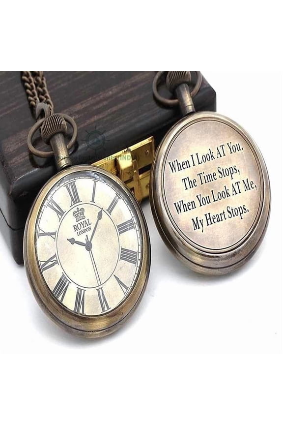 Nautical Brass Pocket Watch Engraved "When You Look at Me My Heart Stops" Pocket Watch With Wooden Box