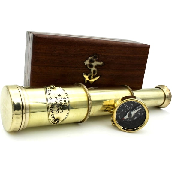 Nautical Brass Spyglass Telescope with Wooden Box, Brass Pirate Brass Telescope, Spyglass Collapsible Monocular Decorative Telescope with Glass Optics for Gift (Polish Finish)