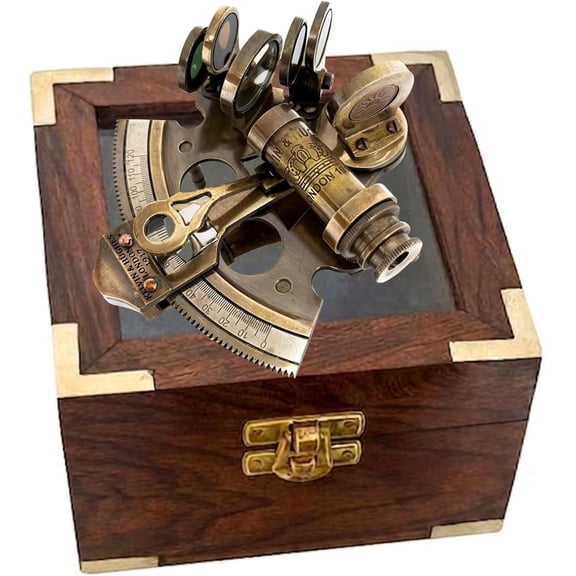 Nautical Bronze Sextant Compass - Solid Brass Maritime Astrolabe Vintage Ship Navigation Instrument, Decorative Antique Marine Collectible & Gift for Men [with Wooden Box]