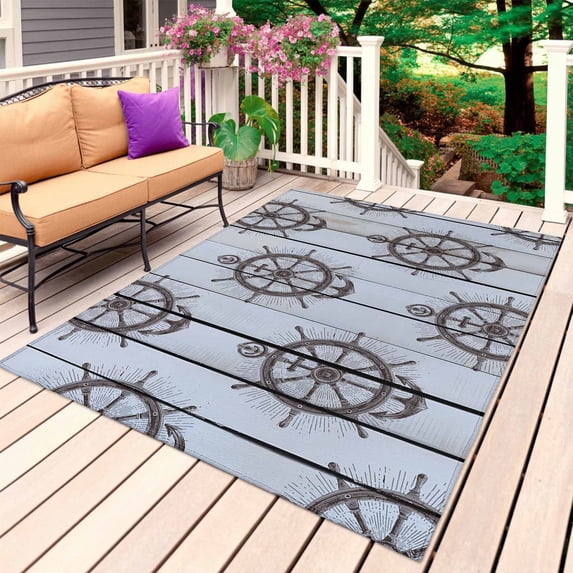 Nautical Brown Anchor Outdoor Rug 5x8 Ft, Non Slip Washable Area Rug, Coastal Ocean Sea Grey Wooden Grain Patio Rugs Carpet Runner, Large Floor Mat for Indoor/Outdoor Deck Porch Camping