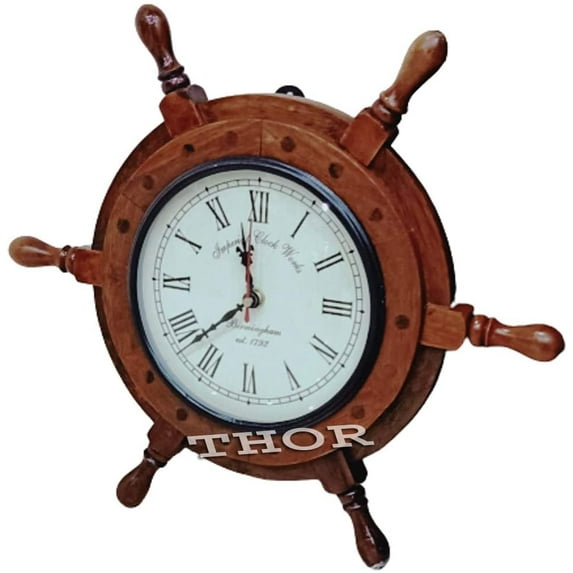 Nautical Brown Wooden Ship Wheel Model Wall Clock Home Decor 14"