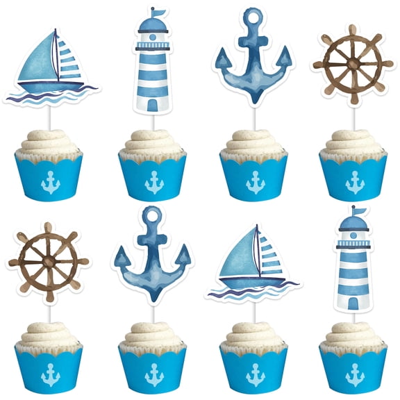 Nautical Cake Decorations 24pcs Sailing Boat Cupcake Topper Nautical Party Decorations Sailor Birthday Supplies Ocean Navy Theme Party Decor for 1st Birthday Baby Shower Bachelorette