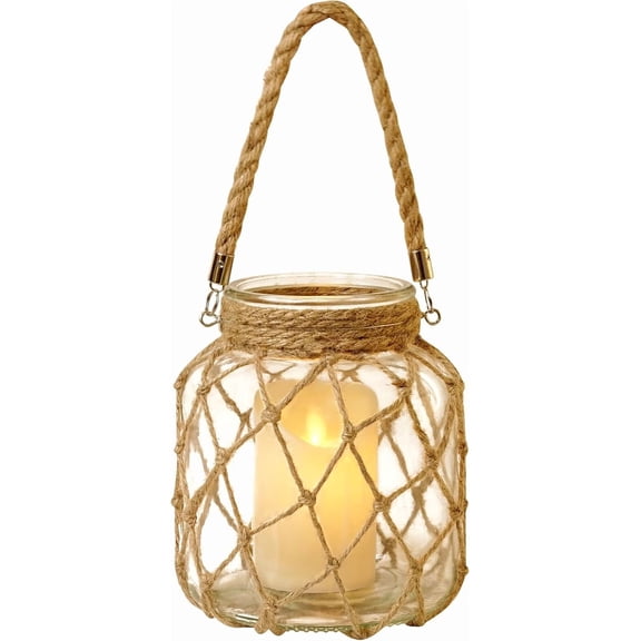 Nautical Candle Lantern, Rope-Wrapped Glass Jar with LED Flameless Candle (No Batteries Included), Decorative Indoor Lantern for Table Centerpieces, and Nautical Home Decoration 5.6" x 5.6" x 6.8"