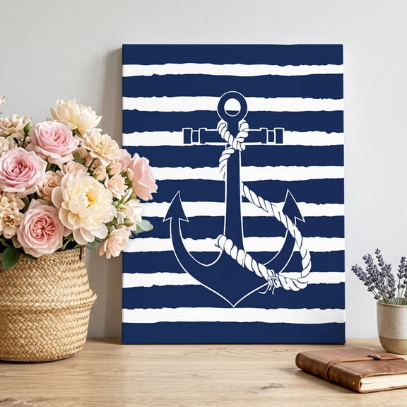 Nautical Canvas Wall Art Framed Wall Decor for Living Room Bedroom Bathroom, Navy Blue and White Striped Retro Anchor Canvas Pictures Ready to Hang Decor, 8"x10"