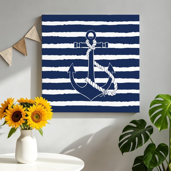 Nautical Canvas Wall Art Framed Wall Decor for Living Room Bedroom Bathroom, Navy Blue and White Striped Retro Anchor Canvas Pictures Ready to Hang Decor, 8"x8"