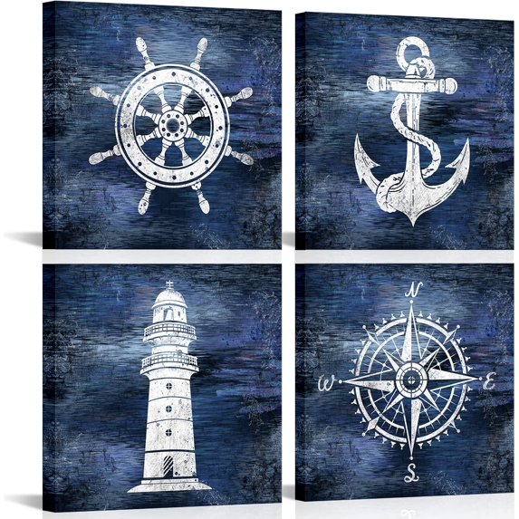 Nautical Canvas Wall Art Nautical Bathroom Decor Navy and White Lighthouse Decor Boat Anchor Compass Painting Pictures Prints