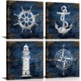 thumbnail image 1 of Nautical Canvas Wall Art Navy Blue Boat Anchor Paintings Helm Drawing Compass Lighthouse Rustic Style Beach Home Decor Ready to Hang for Bathroom Living Room 12x12 Inchx4 Panels, 1 of 6