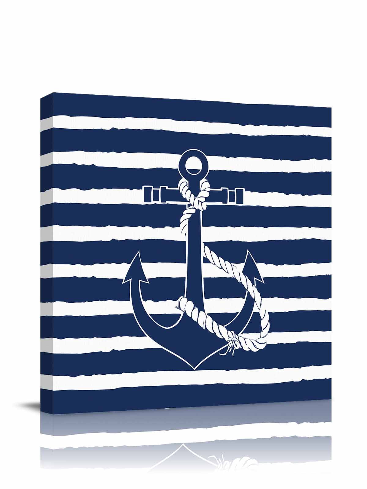 Nautical Canvas Wall Art, Navy Blue and White Striped Retro Anchor Framed Wall Decor Modern Artwork Prints Painting for Living Room, Bedroom, Kitchen & Cafe Decor 12x12 Inch