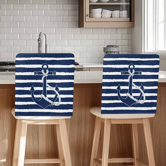 Nautical Chair Covers Set of 1 Navy Blue and White Striped Retro Anchor Chair Back Covers Stretch Removable Washable Chairs Slipcovers Chair Protector for Dining Room Kitchen Party Decor
