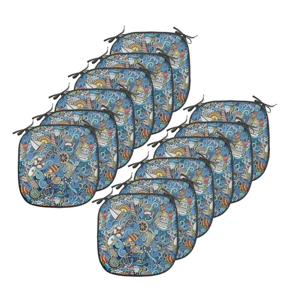Nautical Chair Seating Cushion Set of 12, Abstract Pattern Sea Shells Sea Horse Corals Fish Rob Globe Maps Wavy Ocean, Seat Pads with Anti-slip Backing, 16"x16", Blue Multicolor, by Ambesonne