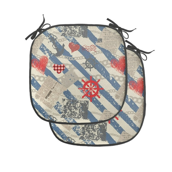 Nautical Chair Seating Cushion Set of 2, Sea Graphic with Grunge Distressed Diagonal Forms and Stripes Marine Nautical, Seat Pads with Anti-slip Backing, 16"x16", Beige Red Blue, by Ambesonne