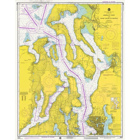 Nautical Chart - Admiralty Inlet and Puget Sound to Seattle ca. 1975 Poster Print by NOAA Historical Map and Chart