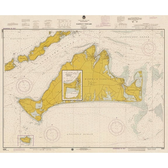 Nautical Chart - Marthas Vineyard ca. 1975 - Sepia Tinted Poster Print by NOAA Historical Map and Chart Collection NOAA