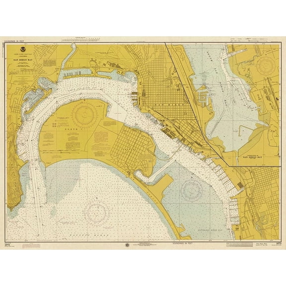 Nautical Chart - San Diego Bay ca. 1974 - Sepia Tinted Poster Print by NOAA Historical Map and Chart Collection NOAA Historical Map and Chart Collection (24 x 18)