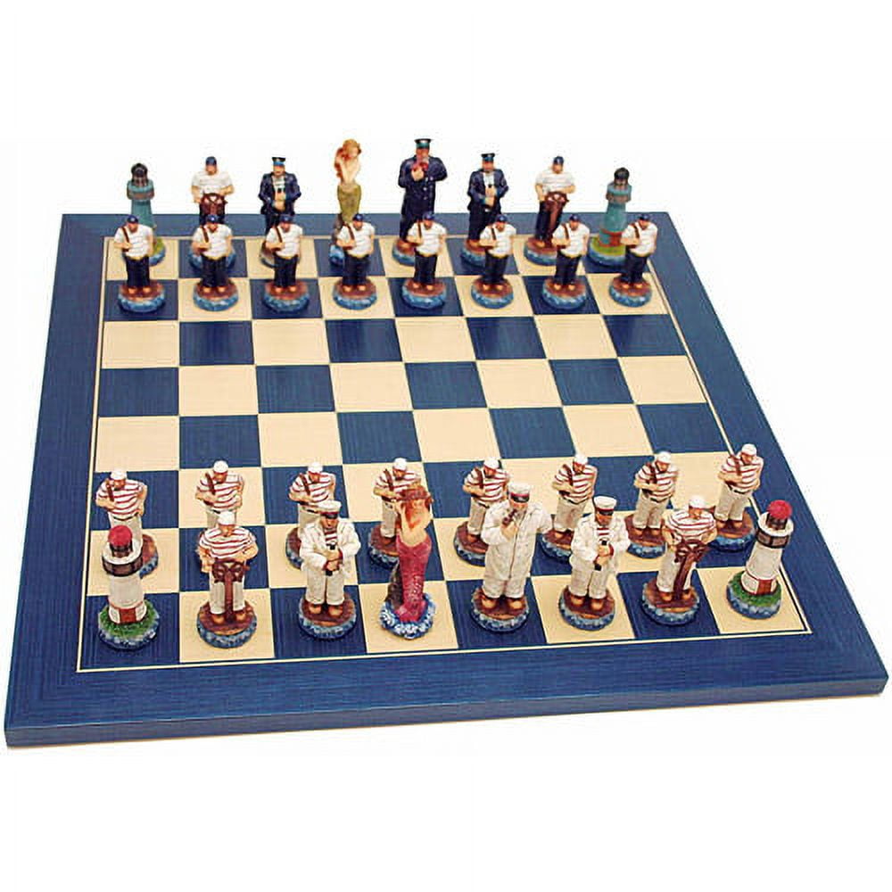 Chess Board Set w/ Pieces Hidden in Table Top Nautical Old World