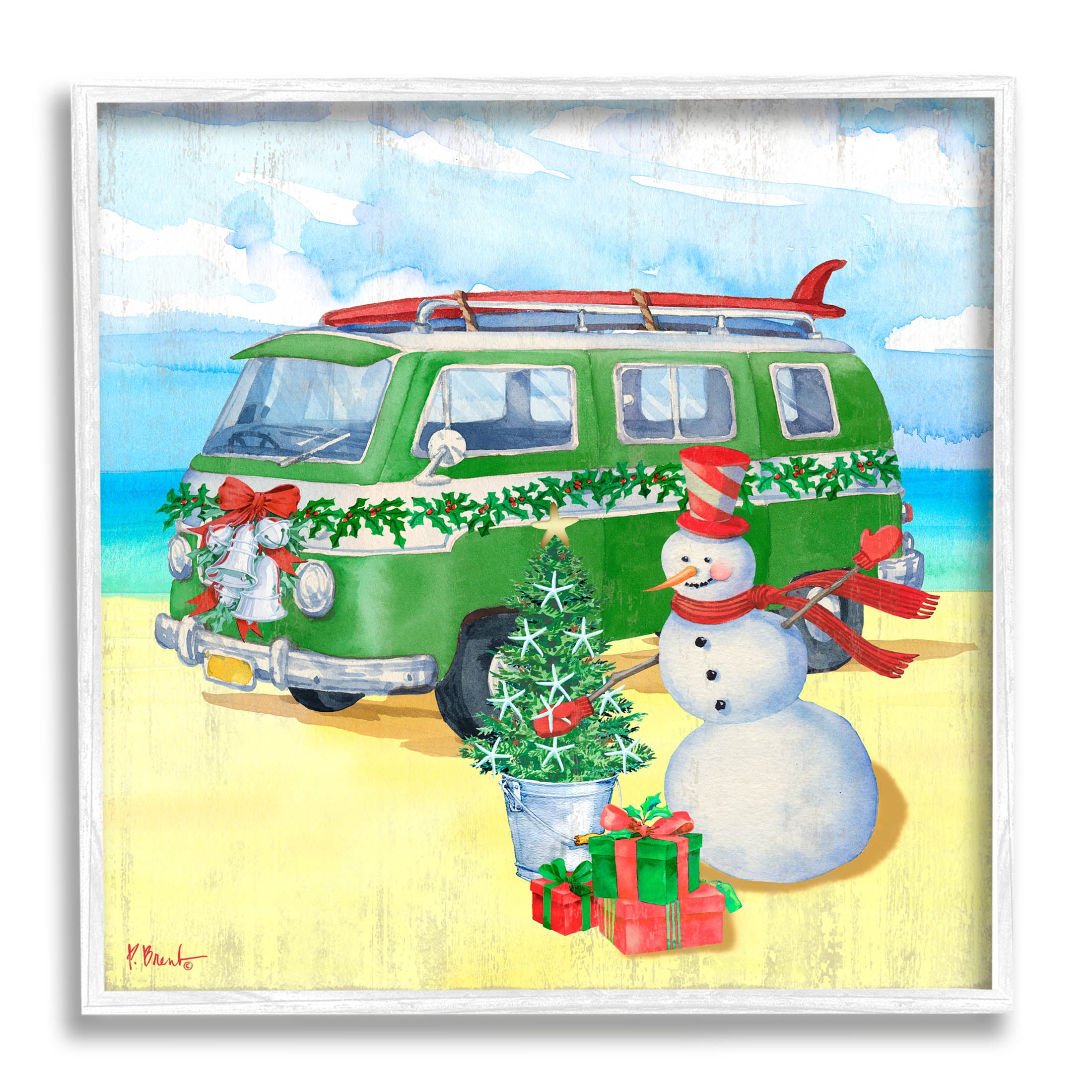 Festive Green Van and Snowman Beach Holiday Wood Framed Art