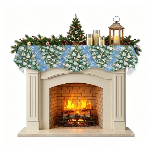 Nautical Christmas Tree Mantel Scarf Fireplace Decorations for Living Room, Blue Snowflake Xmas Coastal Fireplace Mantel Scarf Cover Runner for Halloween/Thanksgiving/Christmas Decor 60"x17"