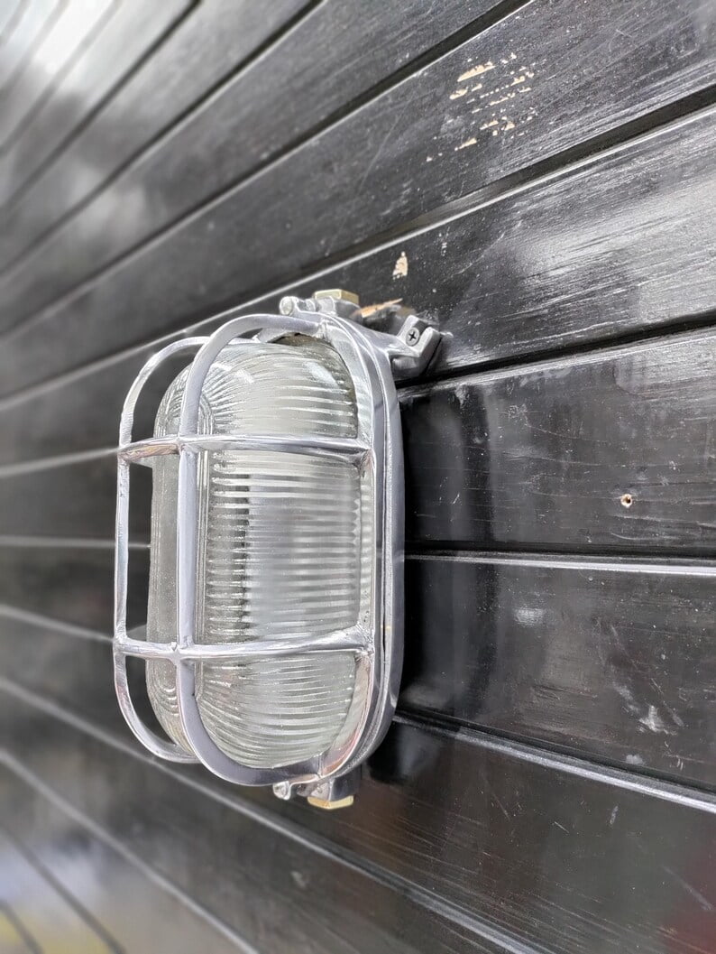 Nautical Chrome Bulkhead Wall Light – Vintage Industrial Outdoor/Indoor Sconce with Cage