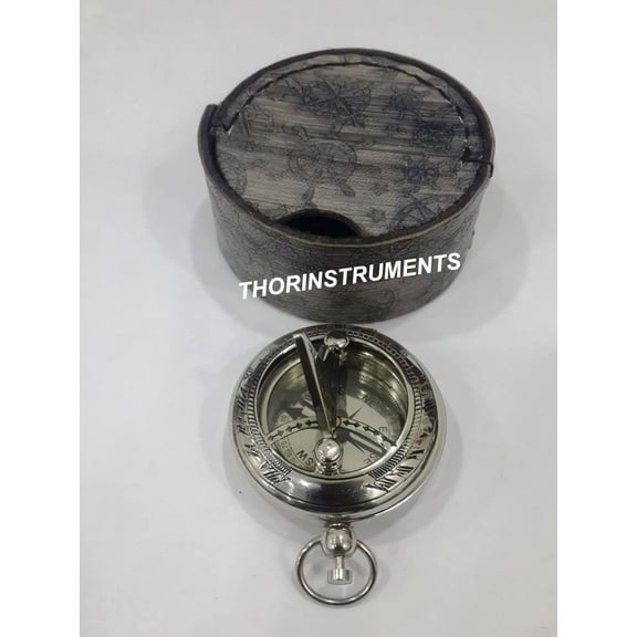 Nautical Chrome Finish Push Button Compass Black Leather Case Decor Gift