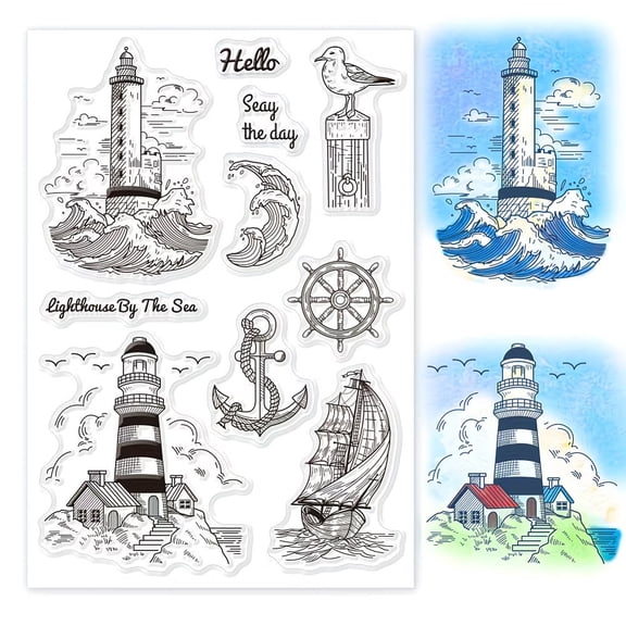 Nautical Clear Stamp Set for Card Making Scrapbooking Journaling - Ocean Lighthouse Sailboat Anchor Compass Seagull Stamps Compatible with Acrylic Dye Pigment Inks