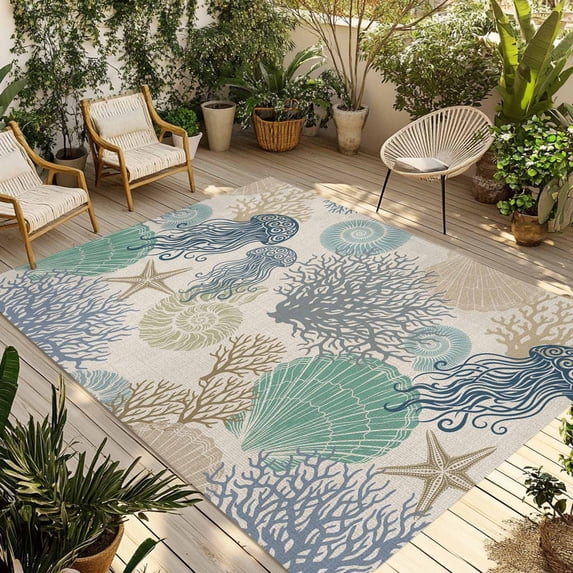 Nautical Coastaal Outdoor Rug for Patio/Deck/Porch, Non-Slip Large Area Rug 3 x 5 Ft, Ocean Jellyfish Coral Seashells Conch Beige Indoor Outdoor Rugs Washable Area Rugs, Camping Rug Carpet Runner