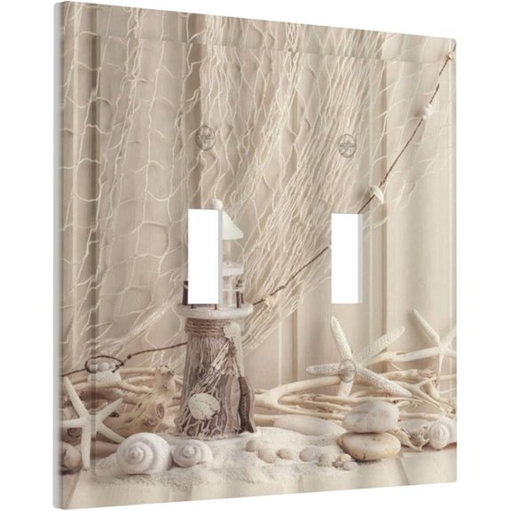 Nautical Coastal 2 Gang Light Switch Plate Cover Seashell Fishing Net Ocean Lighthouse Starfish Double Toggle Wall Plate Decorative Switchplate Electrical Faceplate Beach Theme Decor