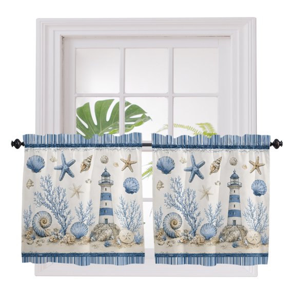 Nautical Coastal 2 Panel Kitchen Curtains for Small Windows, Lighthouse Conch Coral Navy Blue Bathroom Tier Curtain, Short Window Treatment for Bedroom/Living Room 55"x24"